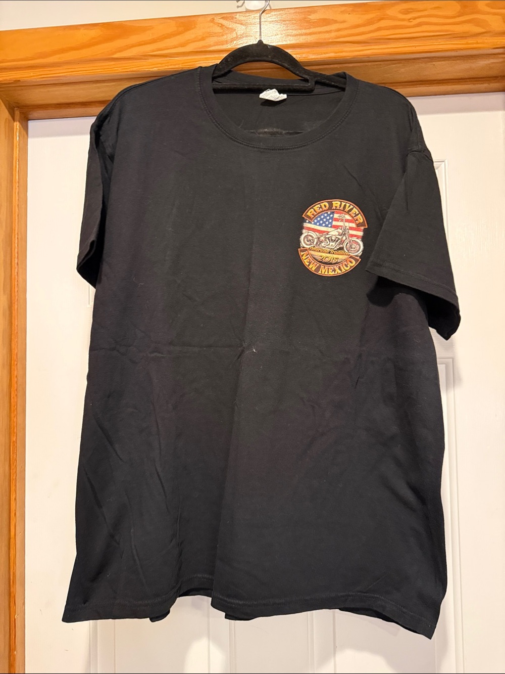 Black Short-Sleeve Tee with Motorcycle Chest Emblem